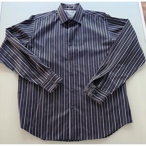 Bugatchi Mens XXL Striped black & blue w/ contrasting collar & Cuff casual shirt